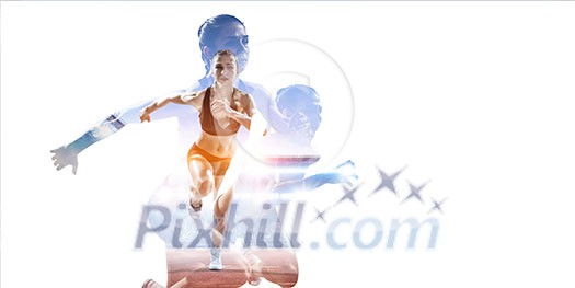 Double exposure of young sporty runner woman at track. Mixed media Double exposure of young sporty runner woman at track. Mixed media