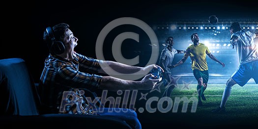 Man sitting on sofa and playing soccer game with joystick. Mixed media