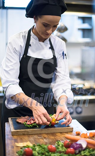 female Chef  in hotel or restaurant kitchen preparing beef steak with vegetable decoration