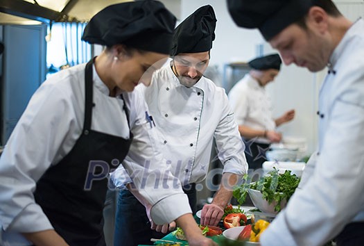 Professional team cooks and chefs preparing meals at busy hotel or restaurant  kitchen