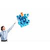 Businessman reaching hand to touch 3D rendering cube figure