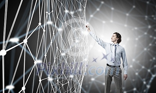 Businessman touching with finger digital connection lines as symbol of connectivity