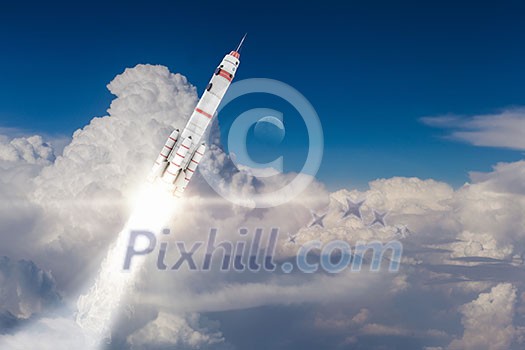 Military missile flying high in blue sky