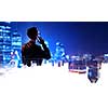 Double exposure of elegant businessman and modern city on white background
