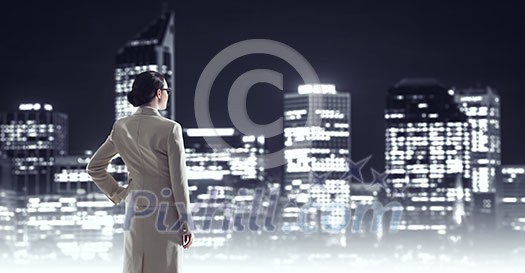 Double exposure of elegant businesswoman and modern city on white background Double exposure of elegant businesswoman and modern city on white background