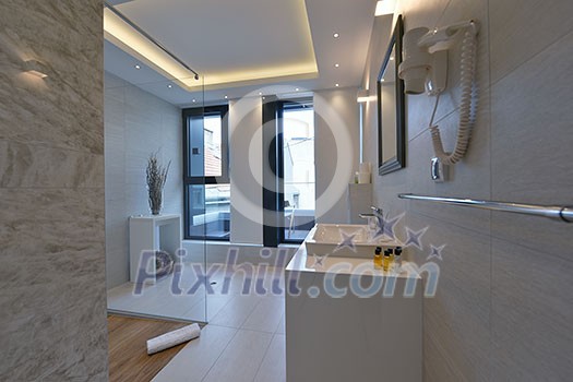 minimalistic bathrom in modern hotel with luxury details