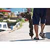 closeup picture of senior man carries a bag of fresh mussels