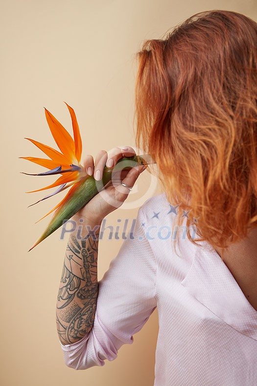 Orange strelitzia flower on the shoulder of a red-haired young girl with a tattoo around a beige background with copy space. Postcard