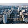 Aerial panoramic photography from the drone, bird's eye view to Pozniaky district with modern building of the city Kiev Ukraine.