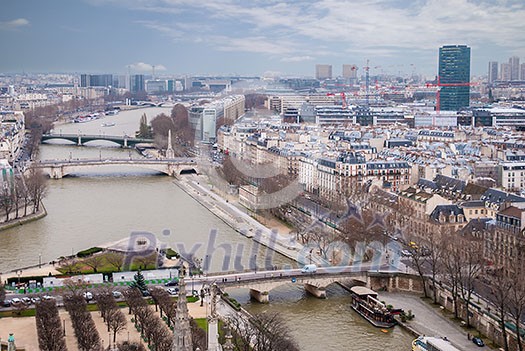aerial view of Paris, panoramic scene of Seine river