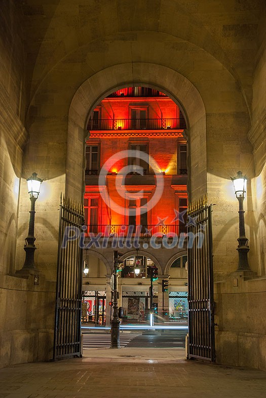 Paris, France - August 04, 2006: Arch entrance to the gallery of Vivien in the evening. An ancient historical passage and a tourist attraction in in France Paris, France - August 04, 2006: Arch entrance to the gallery of Vivien in the evening. An ancient historical passage and a tourist attraction in in France