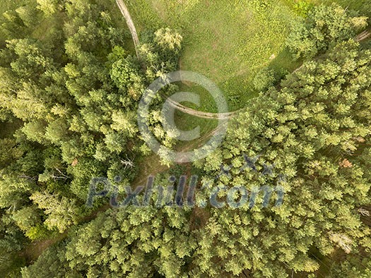 Aerial view from the drone forest foliage with green glade and winding road on a clear summer day. Top view Aerial view from the drone forest foliage with green glade and winding road on a clear summer day. Top view