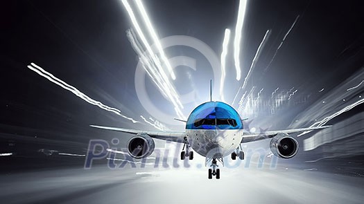 Airplane in sky that going down for landing. Mixed media Airplane in sky that going down for landing. Mixed media