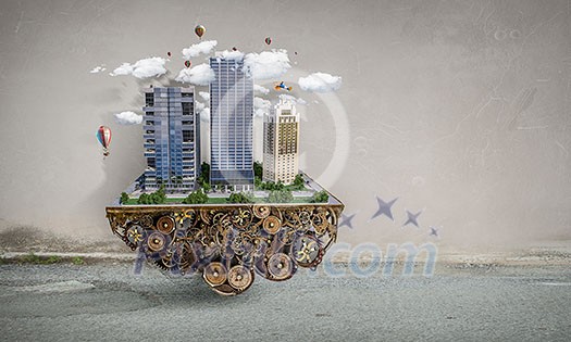 Modern city exterior island floating in air. Mixed media Modern city exterior island floating in air. Mixed media