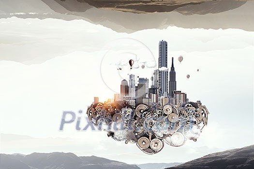 Modern city exterior island floating in air. Mixed media Modern city exterior island floating in air. Mixed media