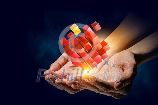 Close of hand holding cube figure as symbol of innovation. 3D rendering Close of hand holding cube figure as symbol of innovation. 3D rendering