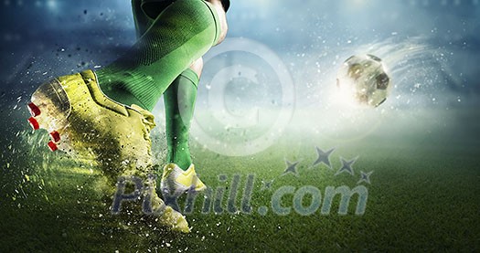 Foot of soccer player kicking ball. Mixed media