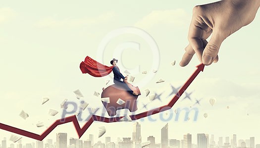 Young emotional woman riding piggy bank up the red growing arrow. Mixed media Young emotional woman riding piggy bank up the red growing arrow. Mixed media