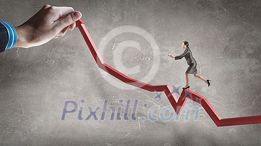 Businesswoman with laptop in hands running on red arrow. Mixed media Businesswoman with laptop in hands running on red arrow. Mixed media