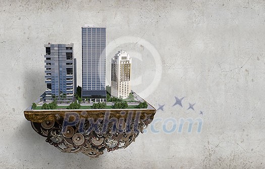 Mini exterior model floating in air. Mixed media Mini exterior model floating in air. Mixed media