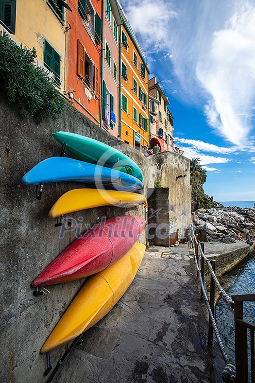 Riomaggiore of Cinque Terre, Italy - Traditional fishing village in La Spezia, situate in coastline of Liguria of Italy. Riomaggiore is one of the five Cinque Terre travel attractions.