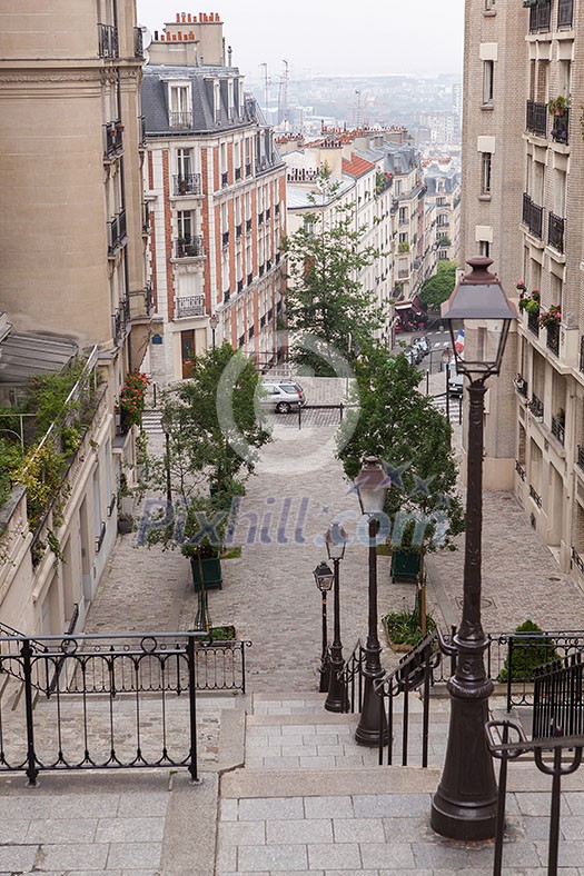 Montmartre staircase and street lights in Paris, France