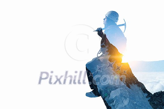 Double exposure of alpinist and mountain landscape. Mixed media