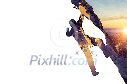 Double exposure of alpinist and mountain landscape. Mixed media