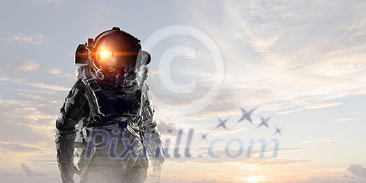 Space explorer in astronaut suit. Mixed media