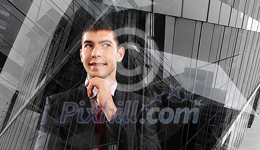 Double exposure concept with thinking businessman. Mixed media Double exposure concept with thinking businessman. Mixed media
