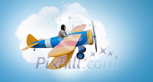 Funny pilot driving a hand drawn airplane in sky. Mixed media