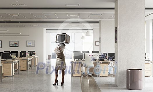 Elegant businesswoman with TV monitor instead of head. Mixed media