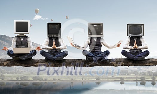 Man with TV monitor instead of head sitting in lotus pose. Mixed media