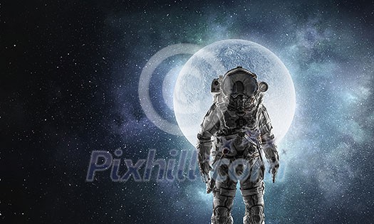 Spaceman wearing astronaut suit outdoor. Mixed media