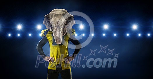 American football player with elephant animal head. Mixed media