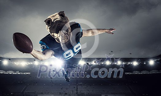 American football player with rhino animal head. Mixed media