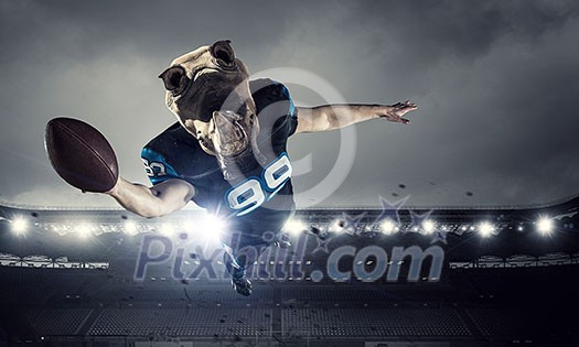 American football player with rhino animal head. Mixed media American football player with rhino animal head. Mixed media