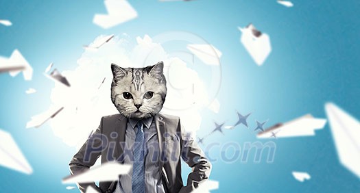 Cute cat in business suit. Mixed media