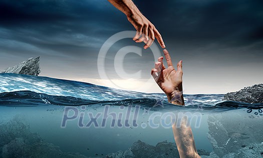 Man drowning in sea and asking for hand of help