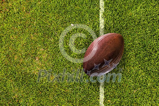 Rugby brown ball on green field grass