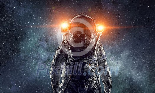 Space explorer in astronaut suit. Mixed media