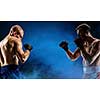 Two boxers fighting in lights of arena. Mixed media