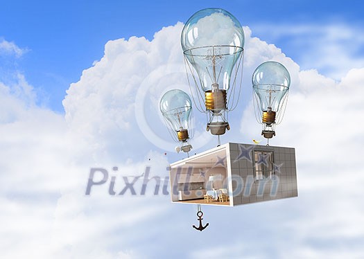 Room interior flying high in sky on aerostats. Mixed media Room interior flying high in sky on aerostats. Mixed media