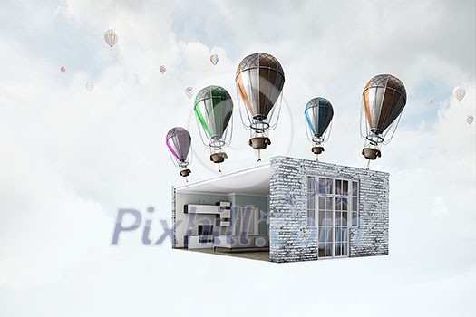 Room interior flying high in sky on aerostats. Mixed media Room interior flying high in sky on aerostats. Mixed media