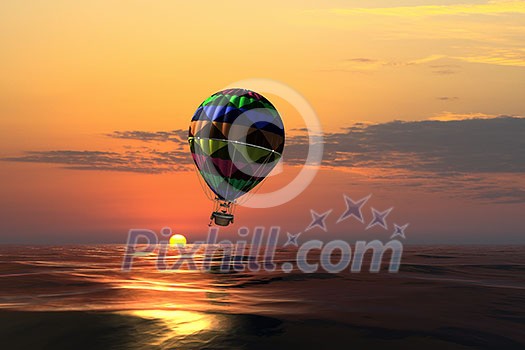 Color aerostat flying above sea as freedom and travel concept Color aerostat flying above sea as freedom and travel concept