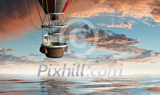 Color aerostat flying above sea and businessman looking in spyglass Color aerostat flying above sea and businessman looking in spyglass
