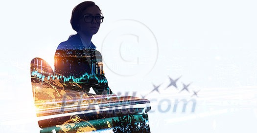 Double exposure of businesswoman in chair and modern city on white background