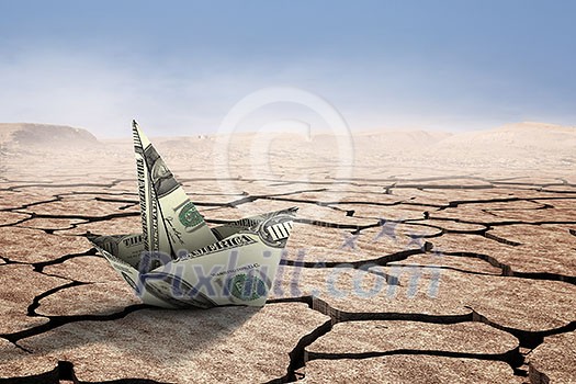 Dollar banknote ship in desert as symbol for financial crisis