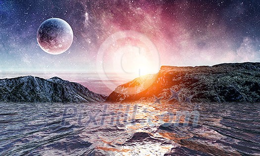 Fantasy image with space planets and sea waters