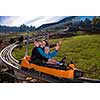 Excited young mother and son driving on alpine coaster while enjoying beautiful sunny day in the nature